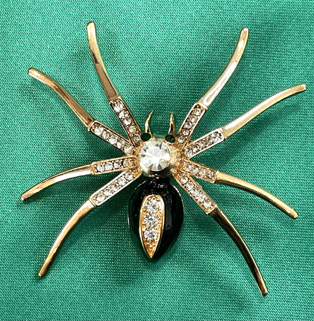NWOT Black Enamel Spider Insect Brooch Pin Gold Tone Rhinestone Costume Jewelry